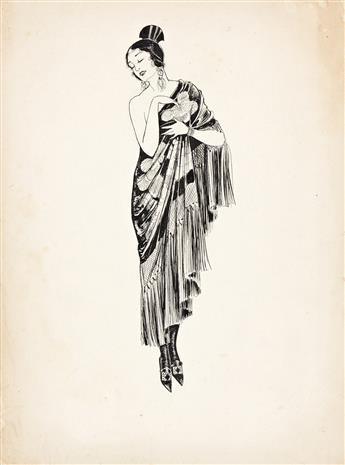 ANNA (ANN) PETERSON ( 20TH CENTURY) Two Art Deco fashion illustrations of women elegant coats and dress.